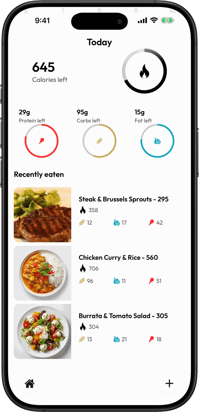 MyPlate app on iPhone showing today's calories left, protein, carbs and fat rings, and recently eaten meals
